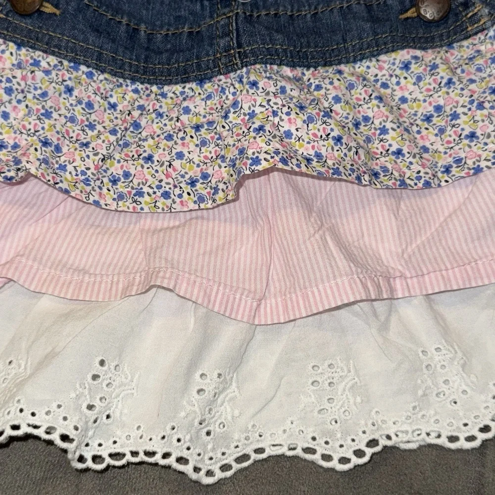 OshKosh B'Gosh Denim VestBak Overall Dress 6 Mon Ruffled Tiers Skirt Pink Floral